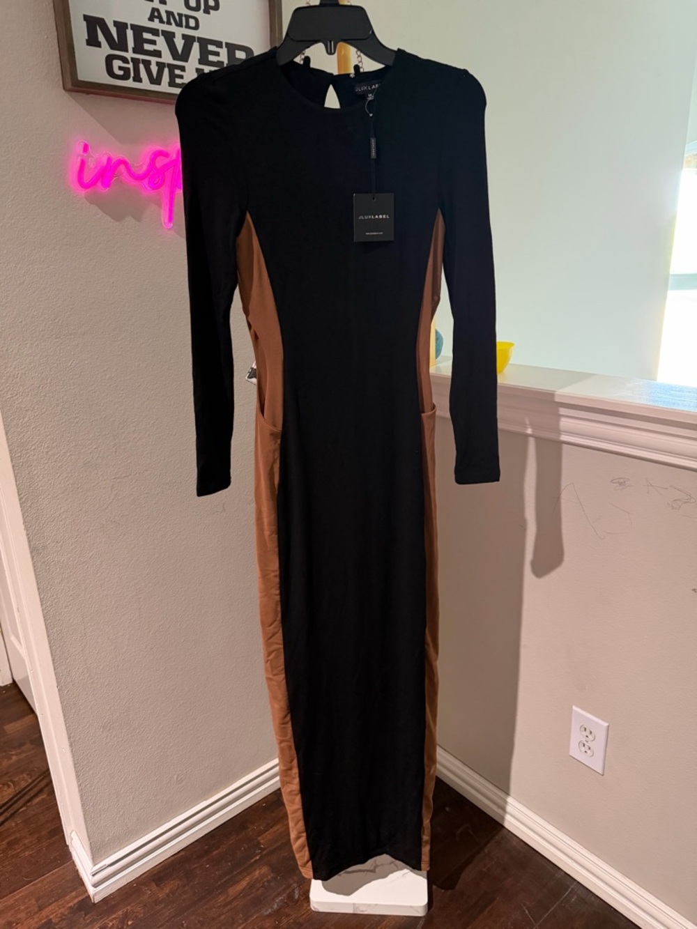 JLUXLABEL Black and Brown Long Sleeve Midi Dress